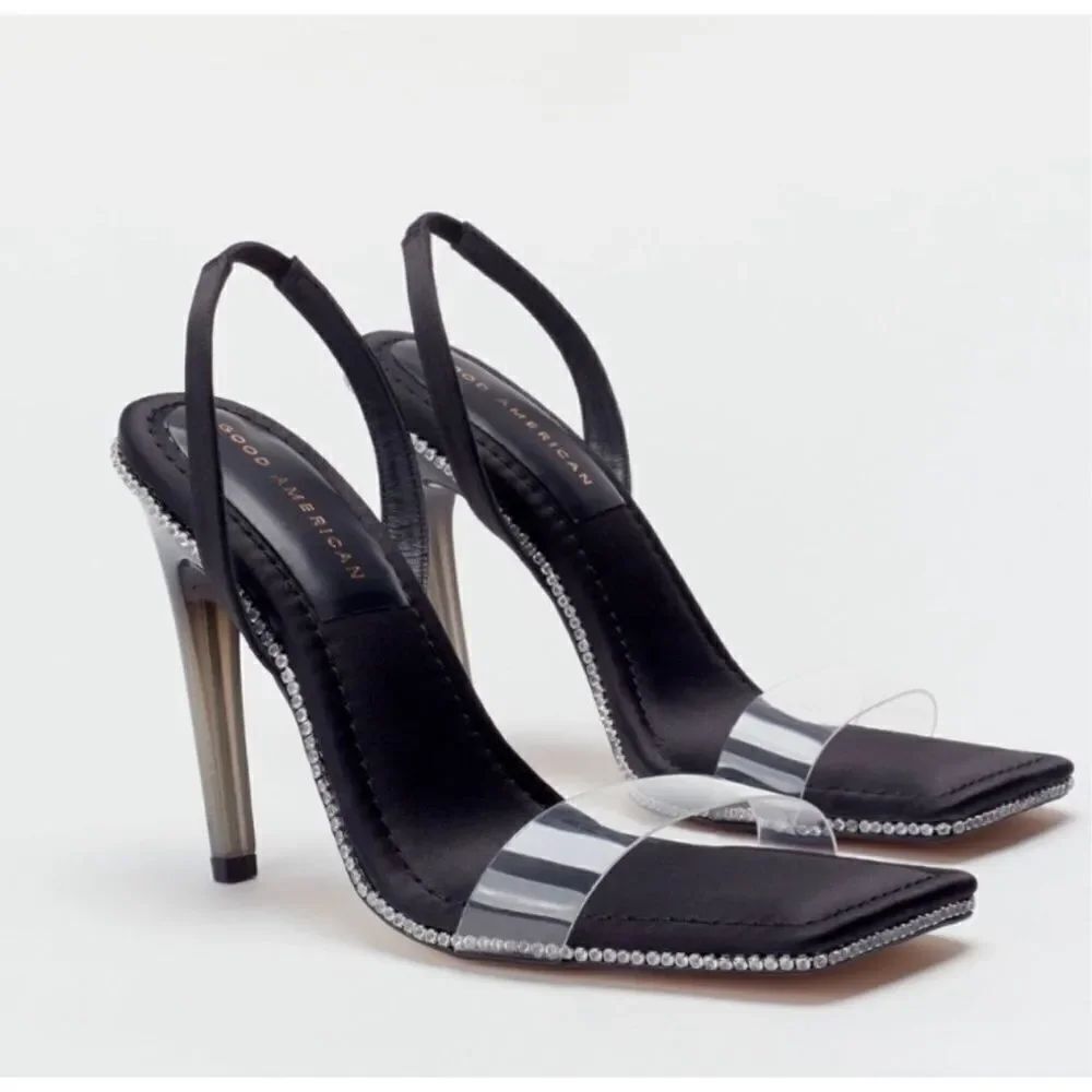 Good American Crystal Crush Heels Black Satin Size 9 NIB